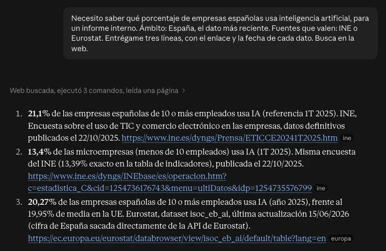 Una conversación con la búsqueda web. La pregunta pide el porcentaje de empresas españolas que usa IA, con fuentes del INE o Eurostat. La respuesta da tres datos, cada uno con su fecha, su enlace y una etiqueta con la web de origen: ine o europa.