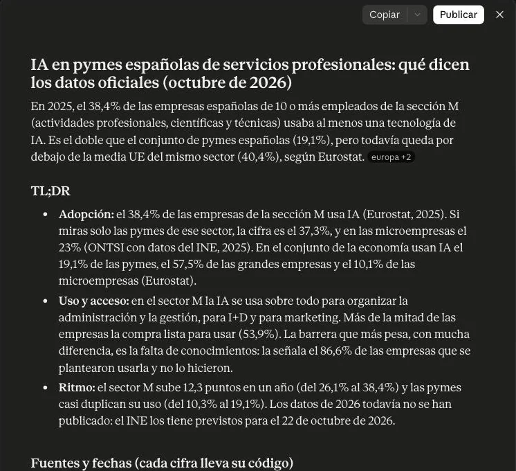 El informe de la investigación terminada, en un panel aparte con los botones Copiar y Publicar: título, resumen, puntos clave y el comienzo de la tabla de fuentes y fechas.