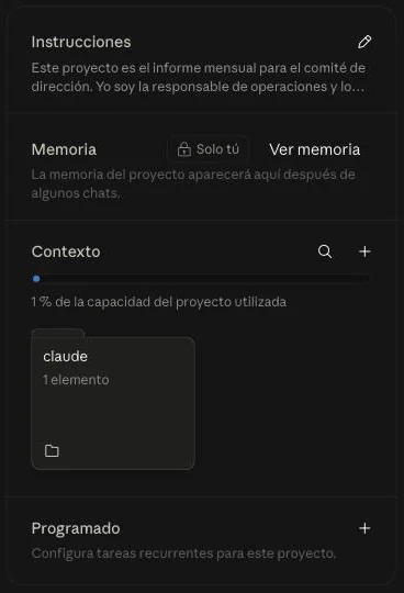 La columna del proyecto después de la tarea: Instrucciones, Memoria, Contexto con una carpeta «claude» de un elemento y el 1 % de la capacidad usada, y Programado.