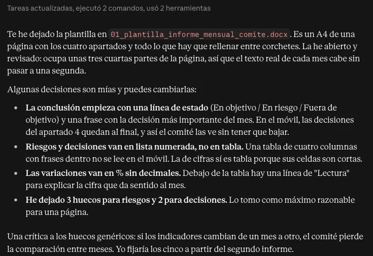 La respuesta final de la tarea: ha dejado la plantilla en un Word de una página, enumera las decisiones que son suyas y se pueden cambiar, y añade una crítica a los huecos genéricos.
